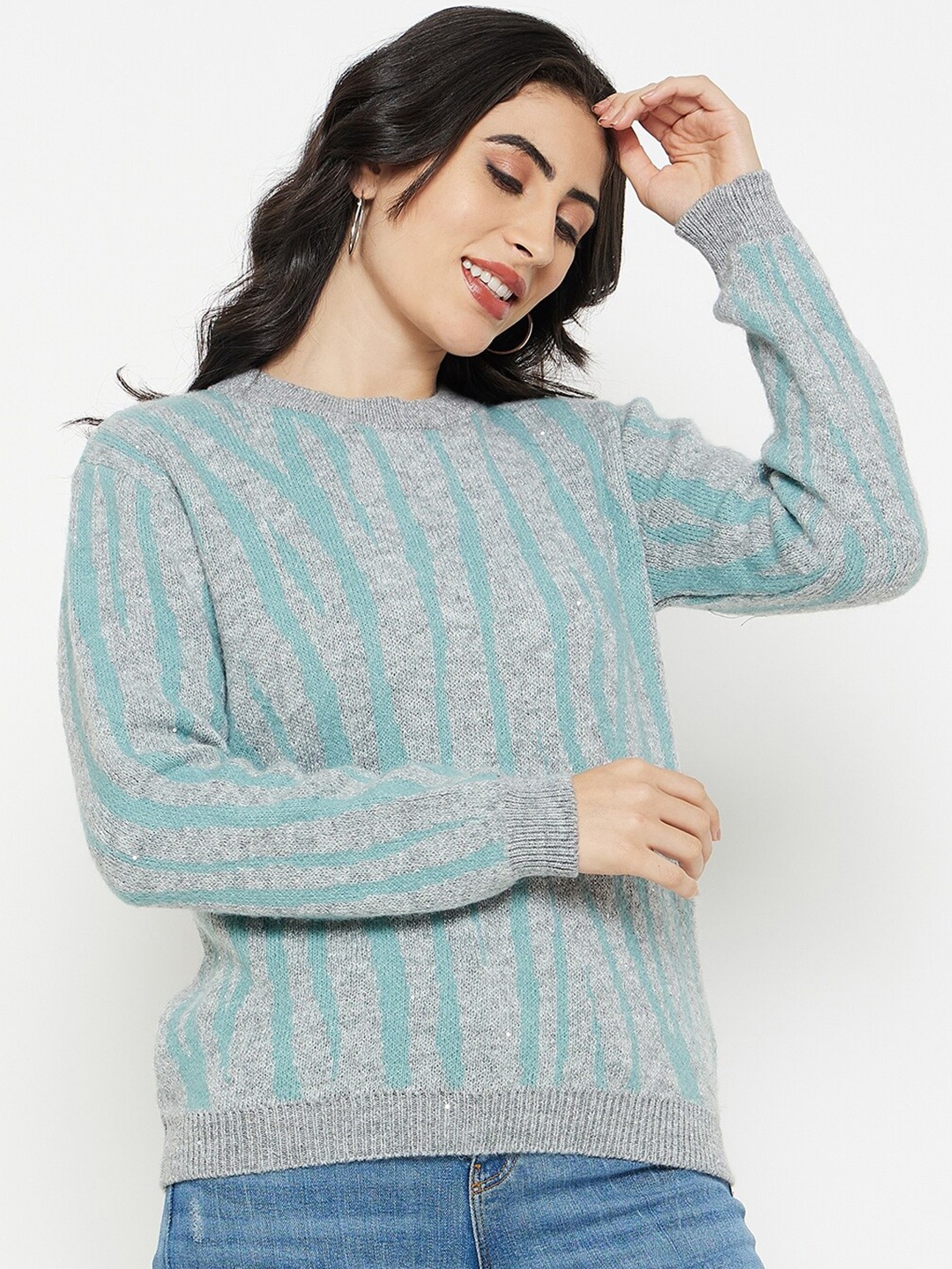 

Madame Striped Round Neck Pullover, Grey