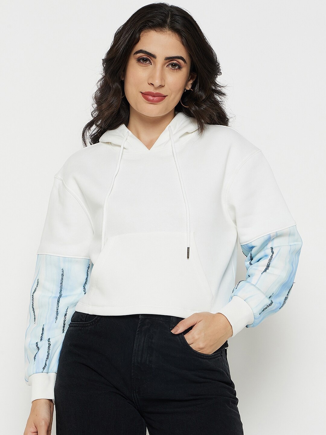 

Madame Abstract Printed Cotton Hooded Pullover Sweatshirt, White