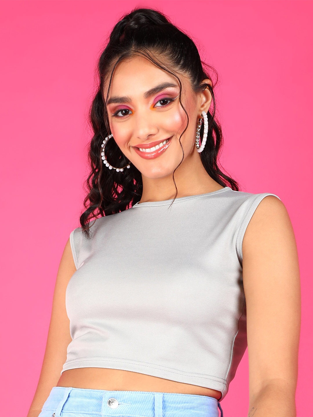 

Popwings Round Neck Sleeveless Crop Top, Grey
