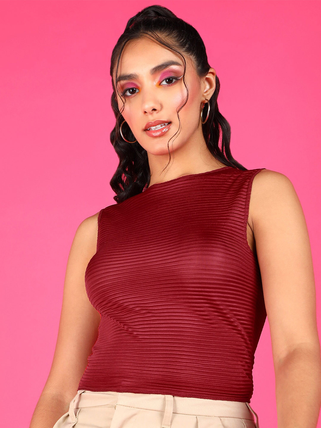 

Popwings Horizontal Stripes Round Neck Crop Top, Maroon