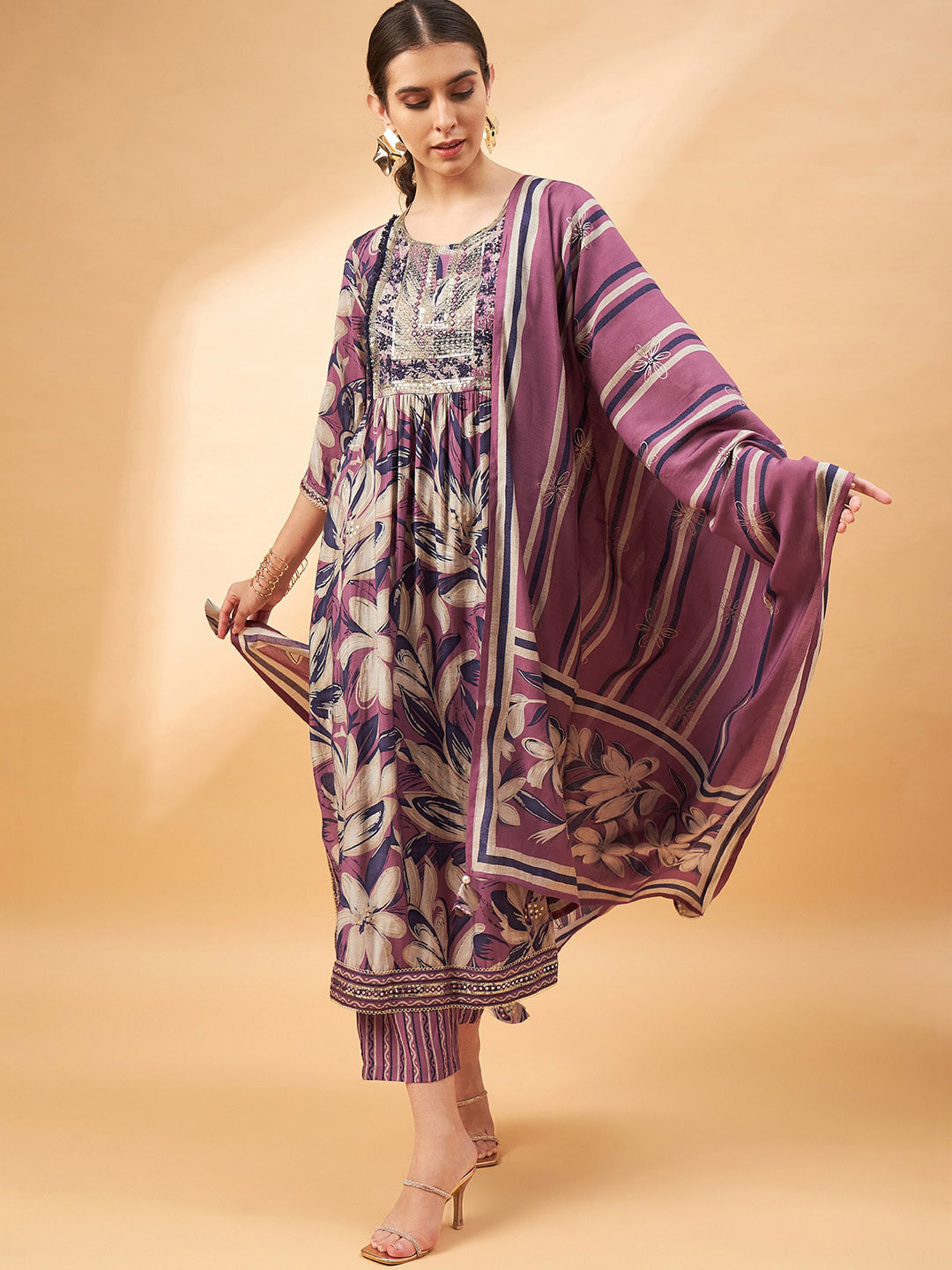 

all about you Lavender Floral Printed Thread Work A-Line Kurta & Trousers With Dupatta