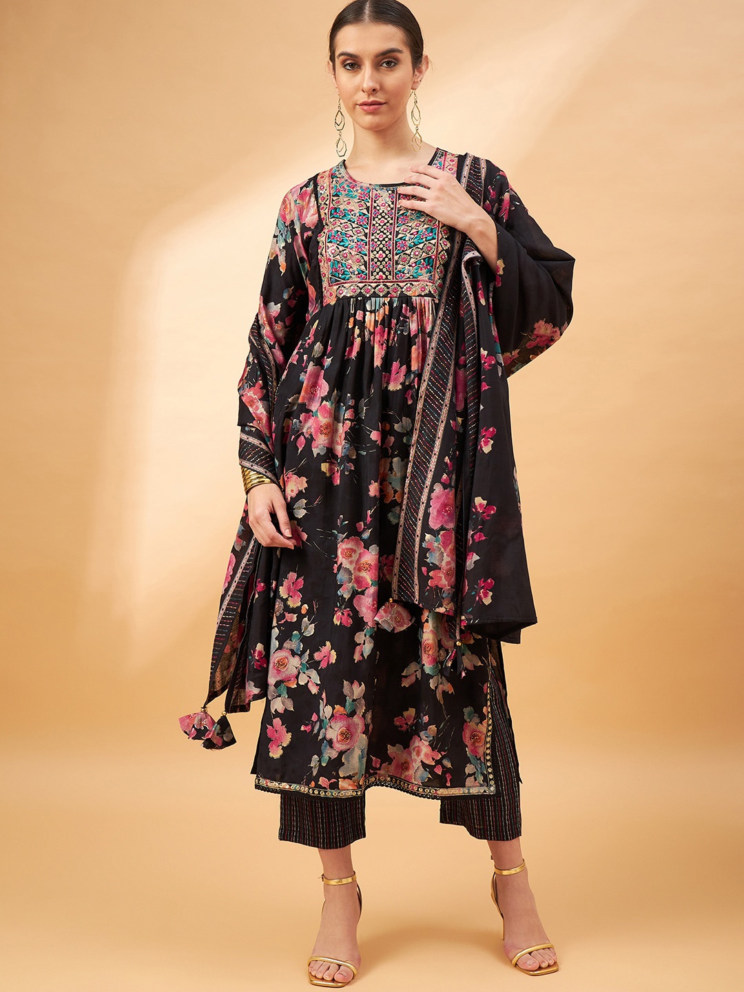 

all about you Black Floral Printed Thread Work A-Line Kurta & Trousers With Dupatta