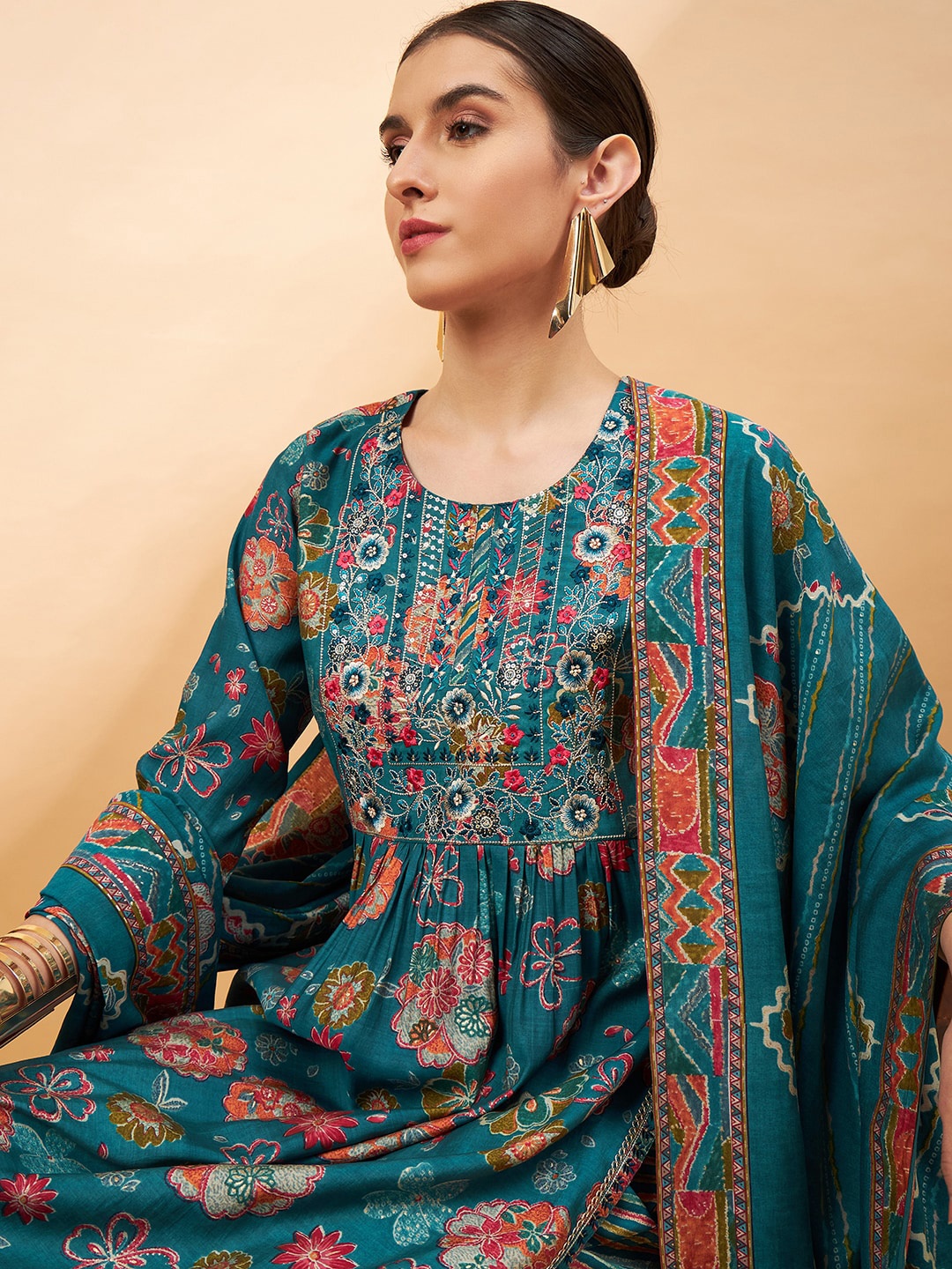 

all about you Blue Floral Printed Thread Work A-Line Kurta & Trousers With Dupatta