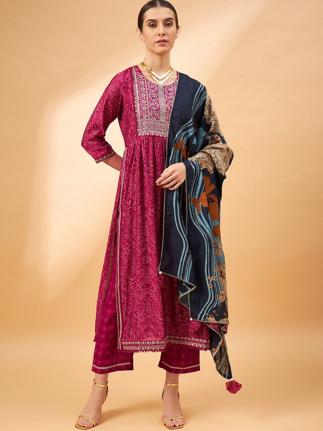 

all about you Pink Floral Printed Thread Work A-Line Kurta & Trousers With Dupatta