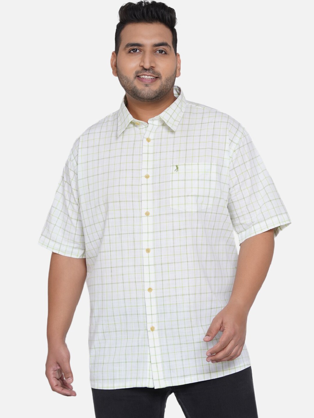 

Santonio Plus Size Classic Checked Spread Collar Short Sleeves Cotton Casual Shirt, Green