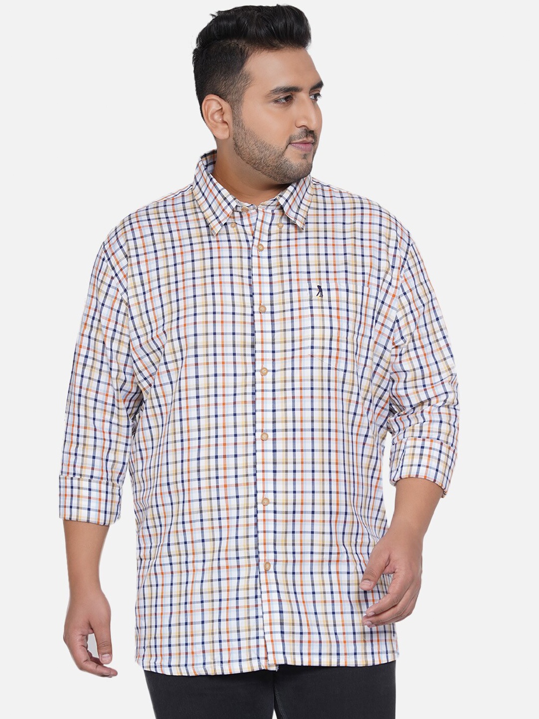 

Santonio Plus Size Classic Checked Spread Collar Long Sleeves Cotton Casual Shirt, White