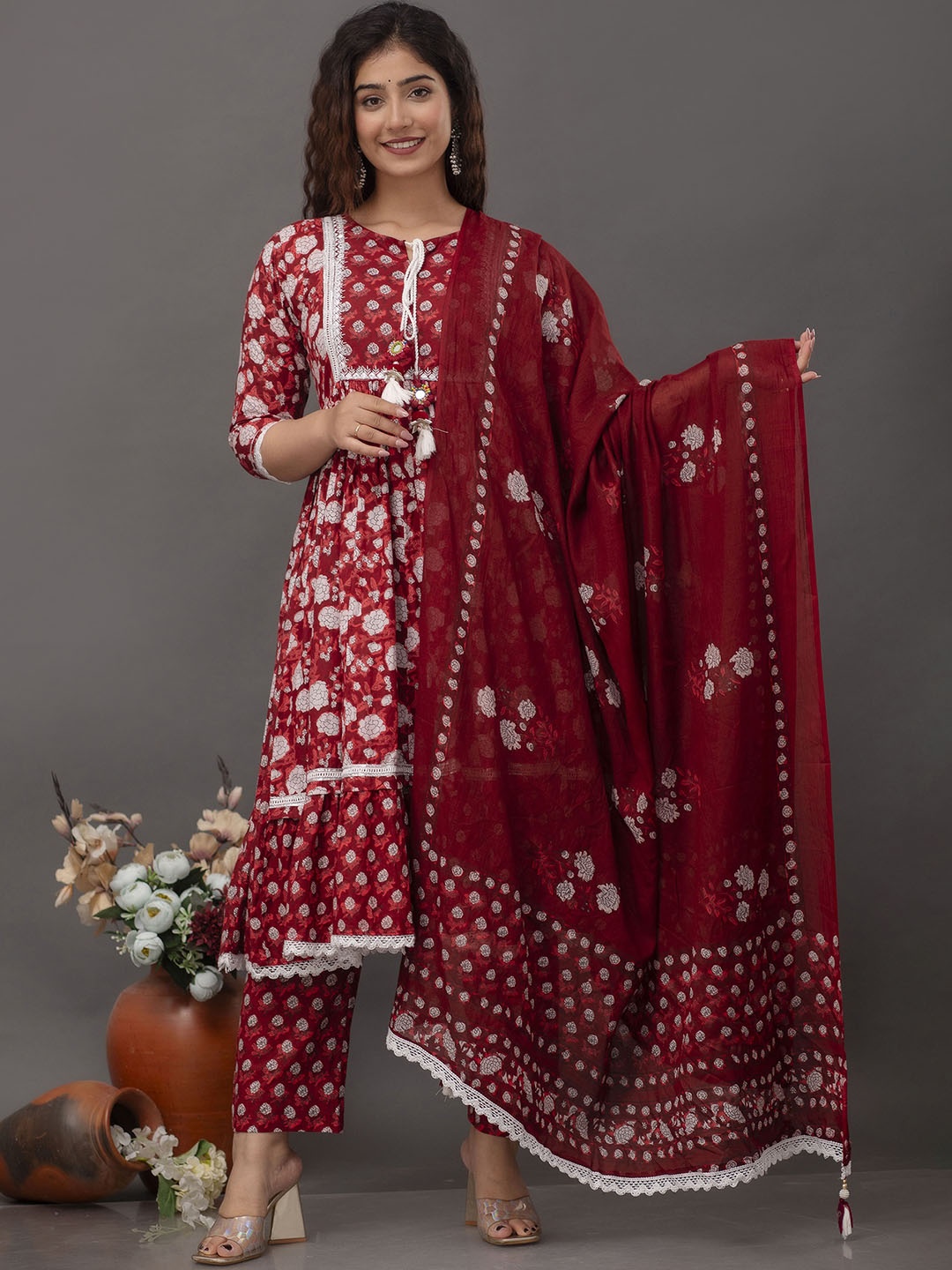 

Rangeelo Floral Printed Mirror Work Pure Cotton Kurta with Trousers & With Dupatta, Maroon