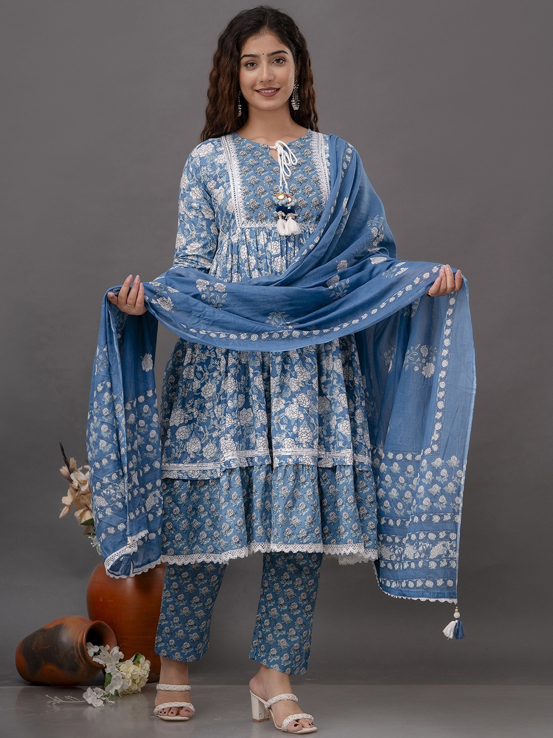 

Rangeelo Floral Printed Anarkali Mirror Work Pure Cotton Kurta With Trousers & Dupatta, Blue