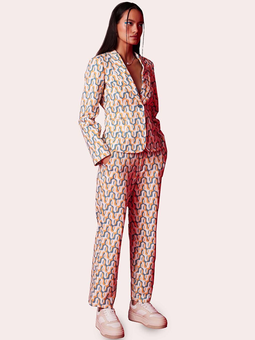 

Muvazo Printed Cotton Single-Breasted Blazer, White