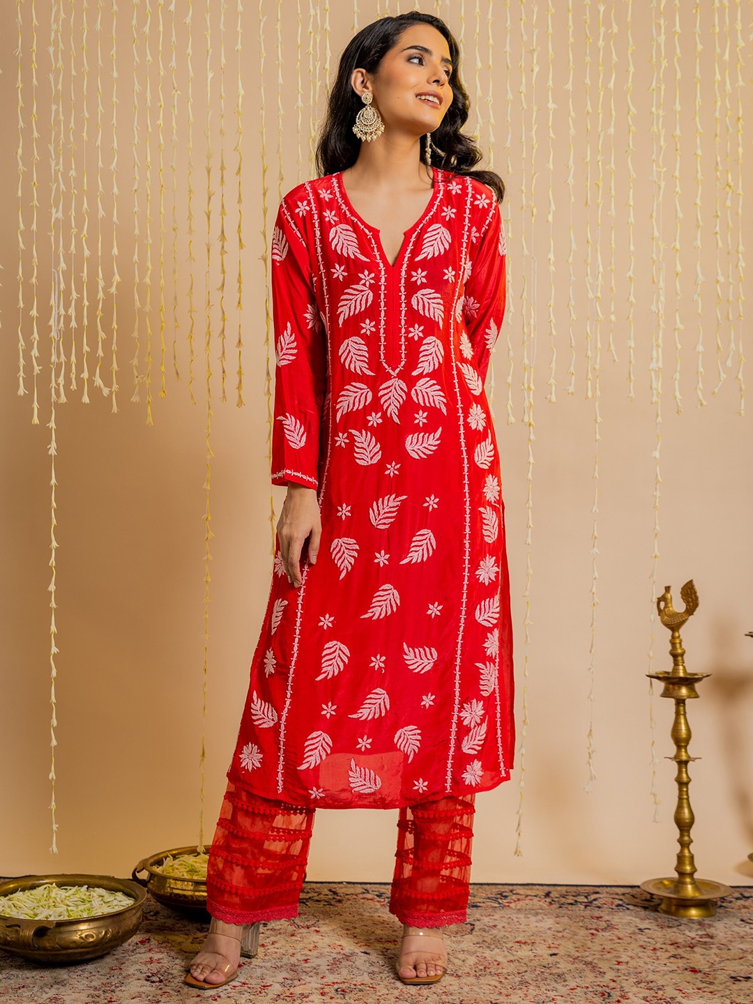 

HOUSE OF KARI Ethnic Motifs Chikankari Silk Kurta, Red