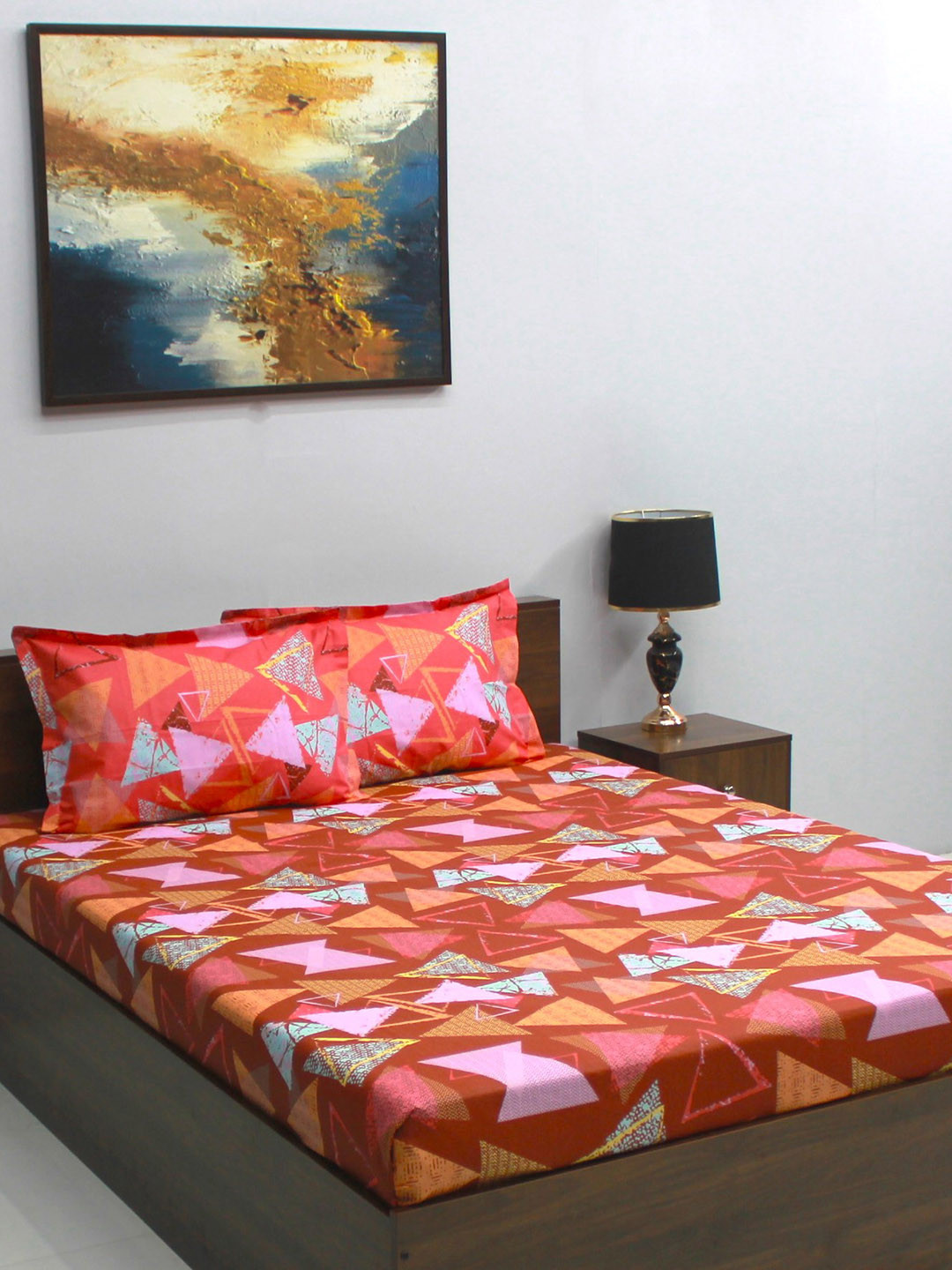 

BOMBAY DYEING Glory Brown & Green Geometric Cotton 104 TC Queen Bedsheet & 2 Pillow Covers