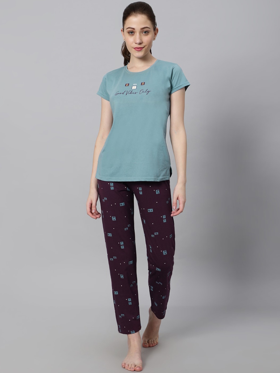 

DZZO Typography Printed Pure Cotton T-Shirt With Pyjama, Blue