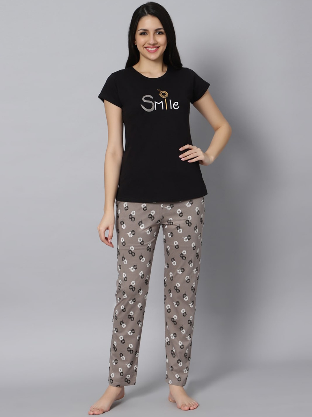 

DZZO Typography Printed Pure Cotton T-shirt With Pyjamas, Black