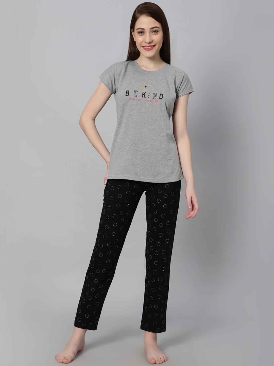 

DZZO Typography Printed Pure Cotton T-Shirt With Pyjama, Grey