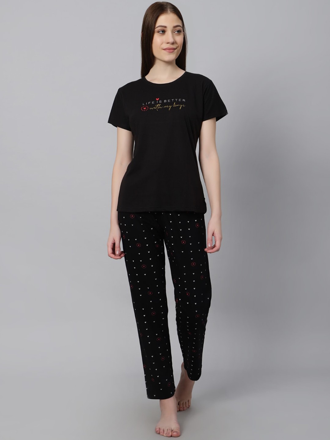 

DZZO Graphic Printed Pure Cotton T-shirt With Pyjamas, Black