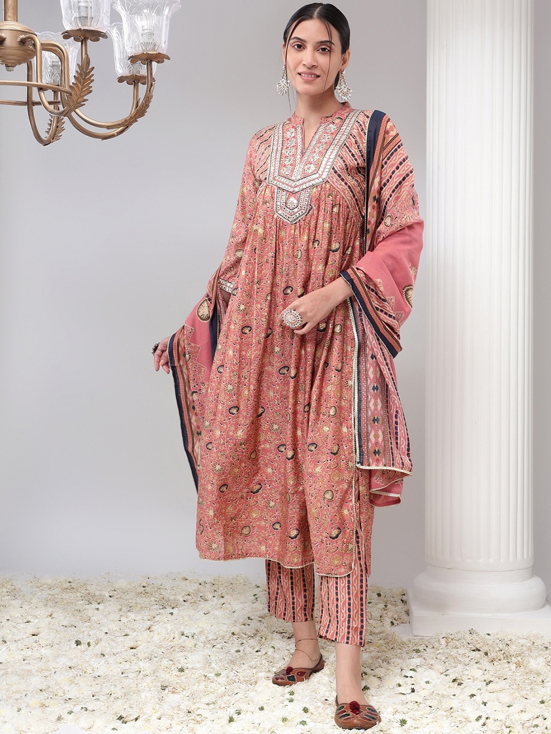 

Bani Women Ethnic Motifs Printed Pleated Mirror Work Liva Kurta with Trousers & Dupatta, Peach