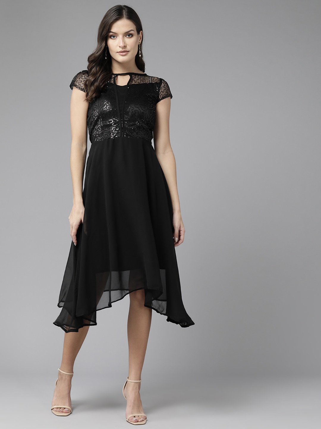 

Aarika Embellished Keyhole Neck Georgette A-Line Midi Dress, Black
