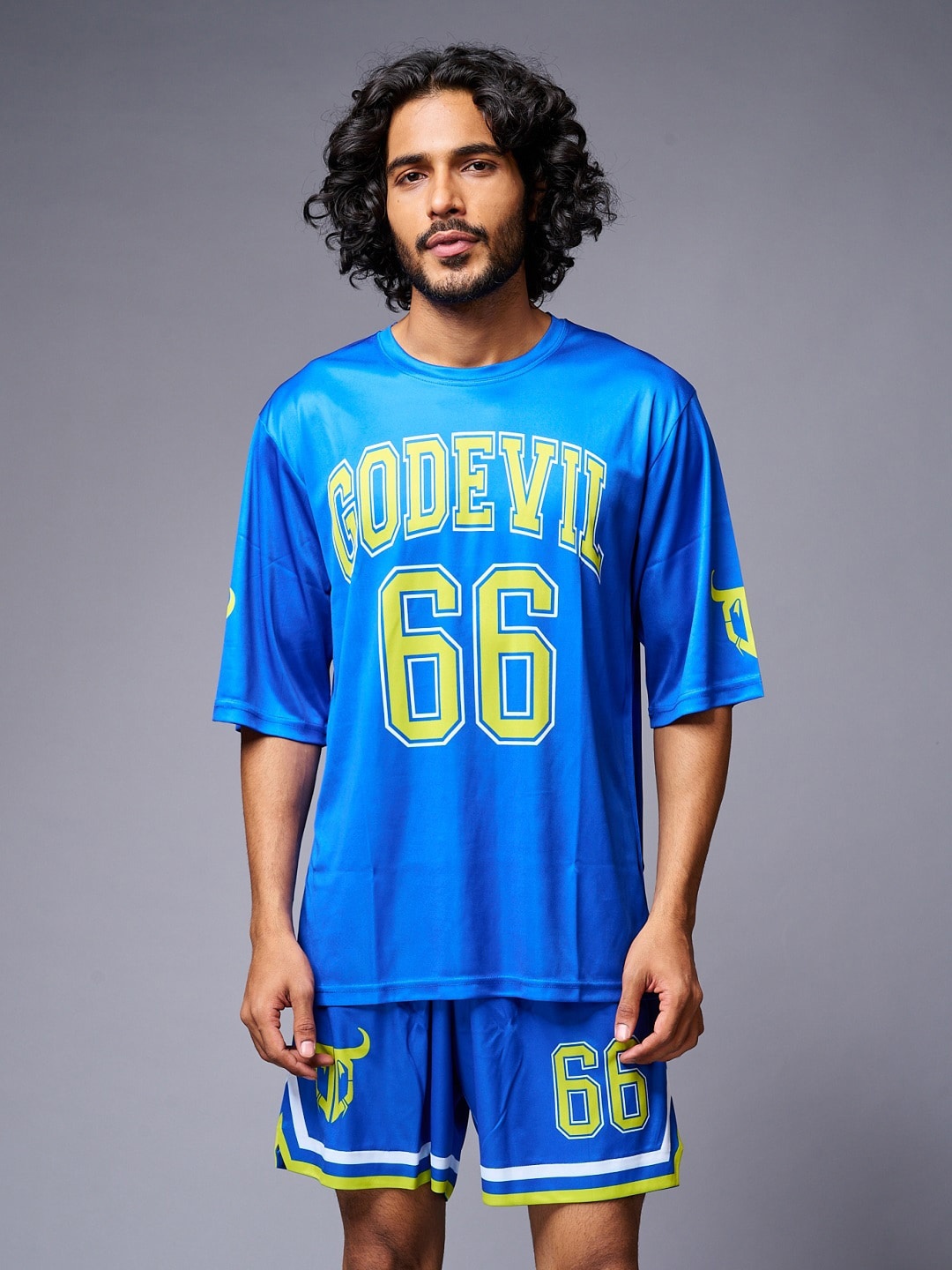 

GO DEVIL Typography Printed T-Shirt With Shorts, Blue