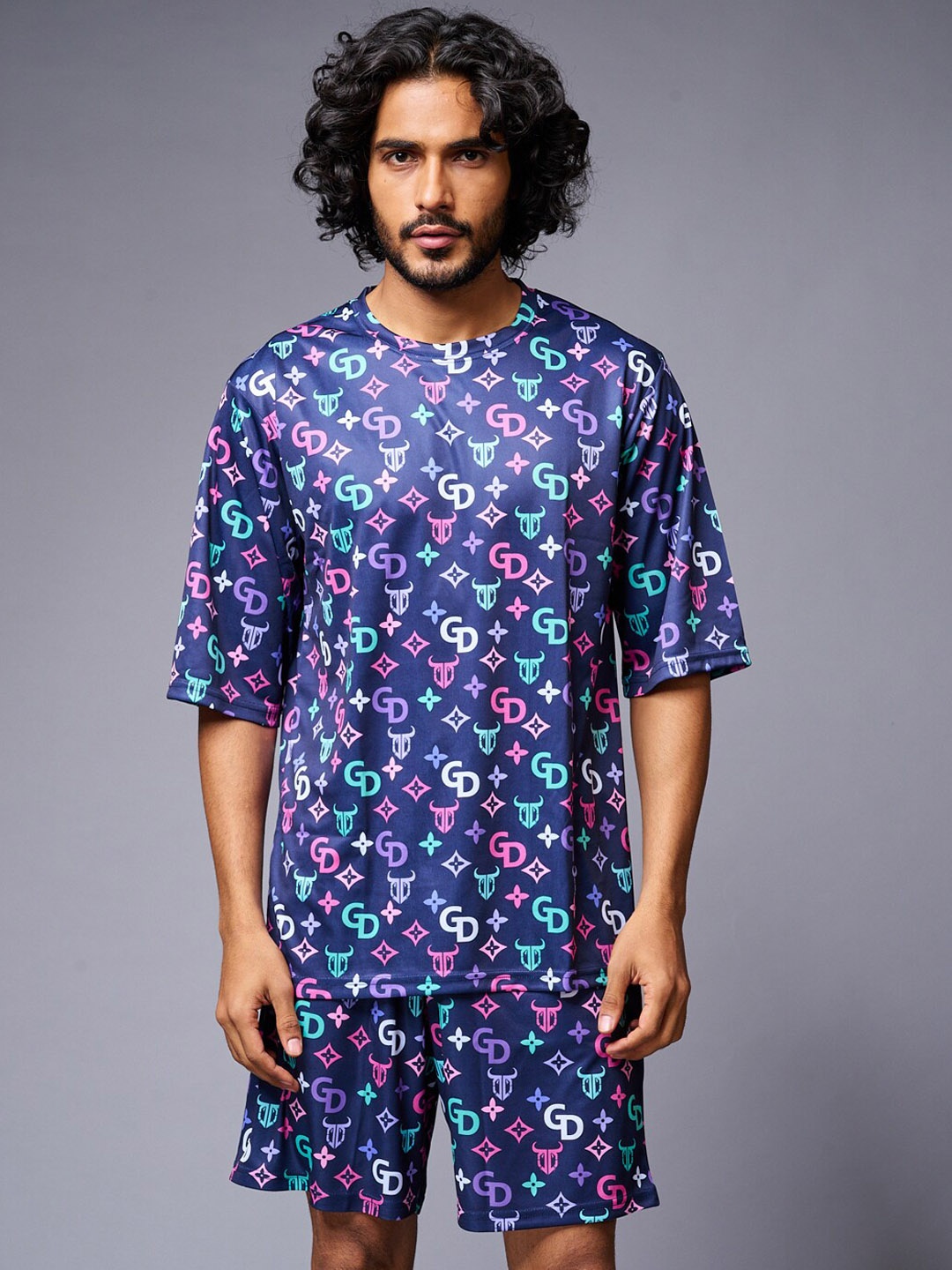 

GO DEVIL Brand Logo Printed Round Neck T-Shirt With Shorts, Blue