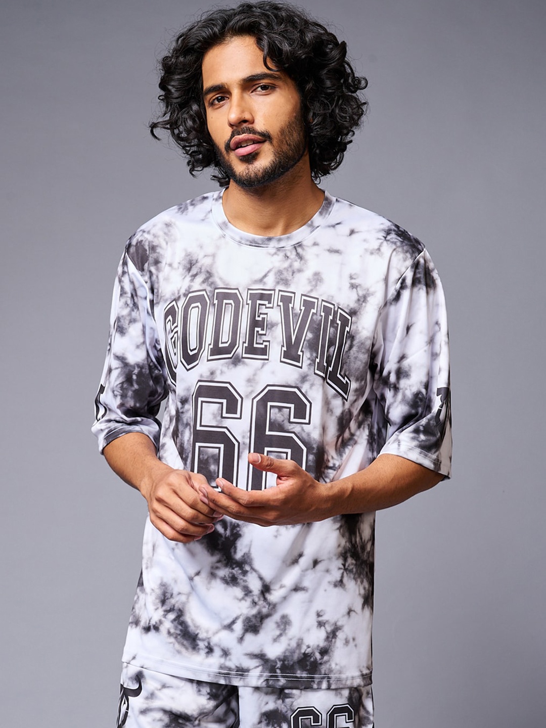 

GO DEVIL Tie & Dye Printed Round Neck T-Shirt With Shorts, White