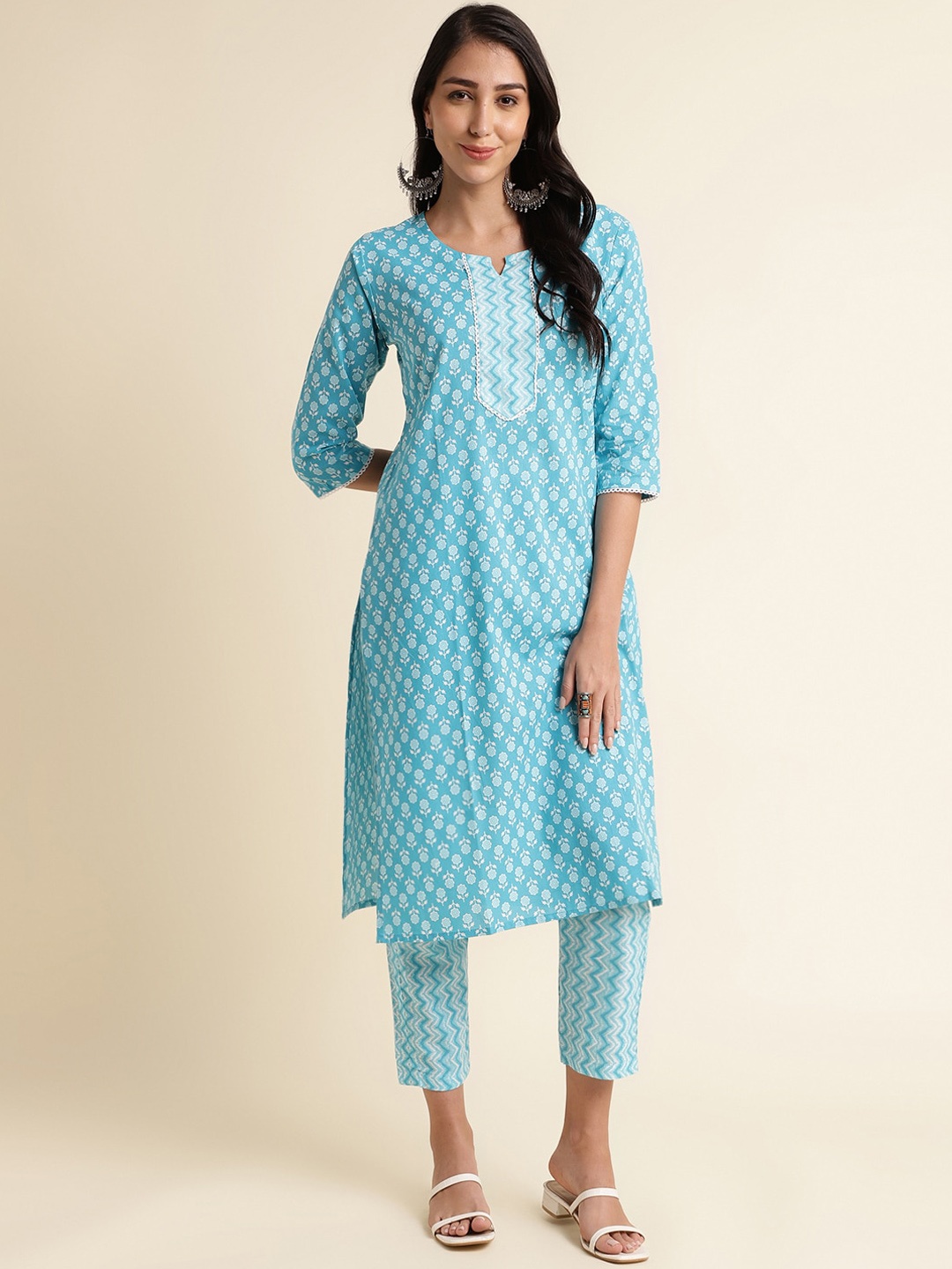 

Fabclub Floral Printed Pure Cotton Kurta with Trousers, Blue