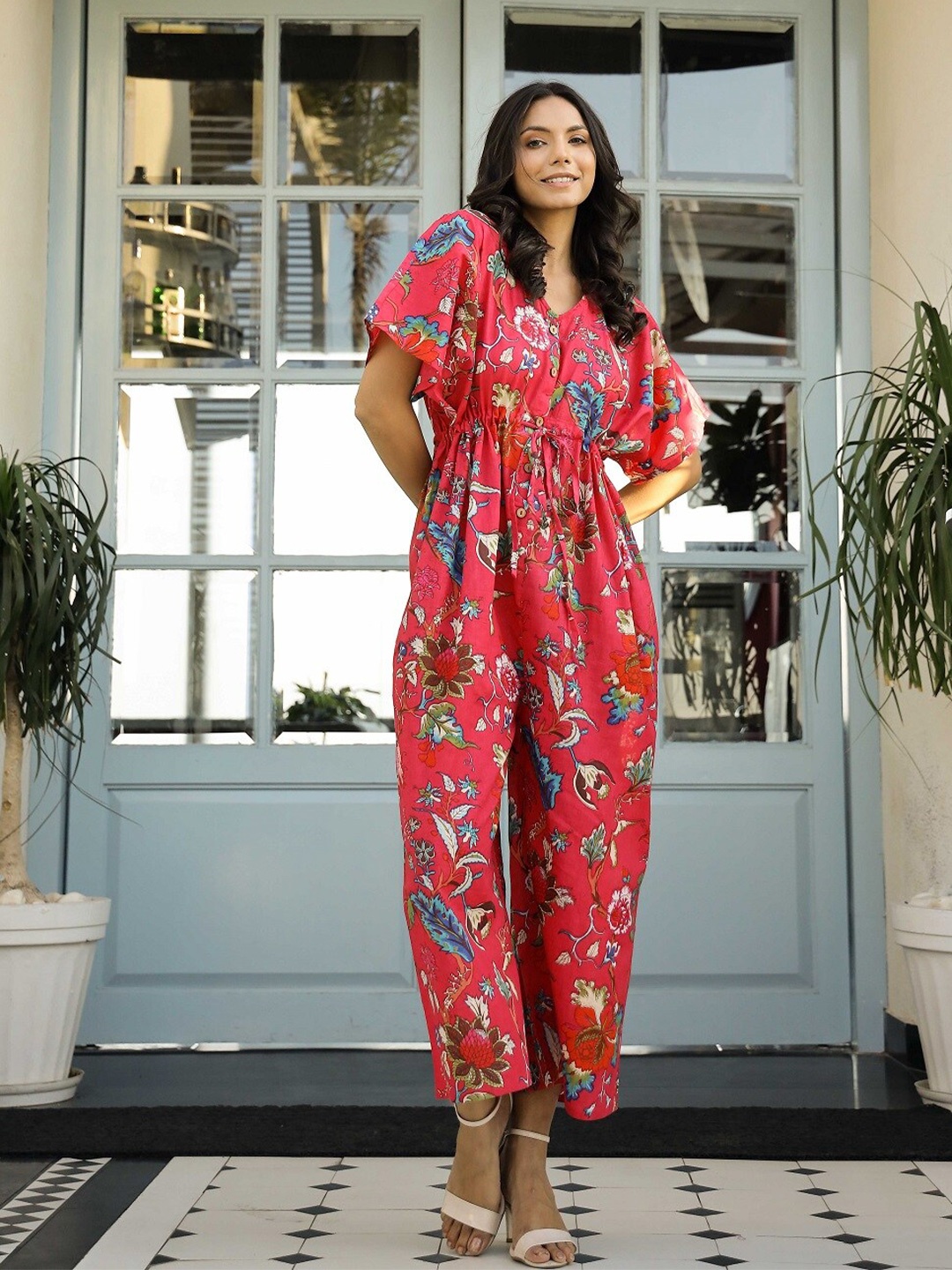 

SANSKRUTIHOMES Floral Printed Waist Tie-Ups Cotton Basic Jumpsuit, Pink