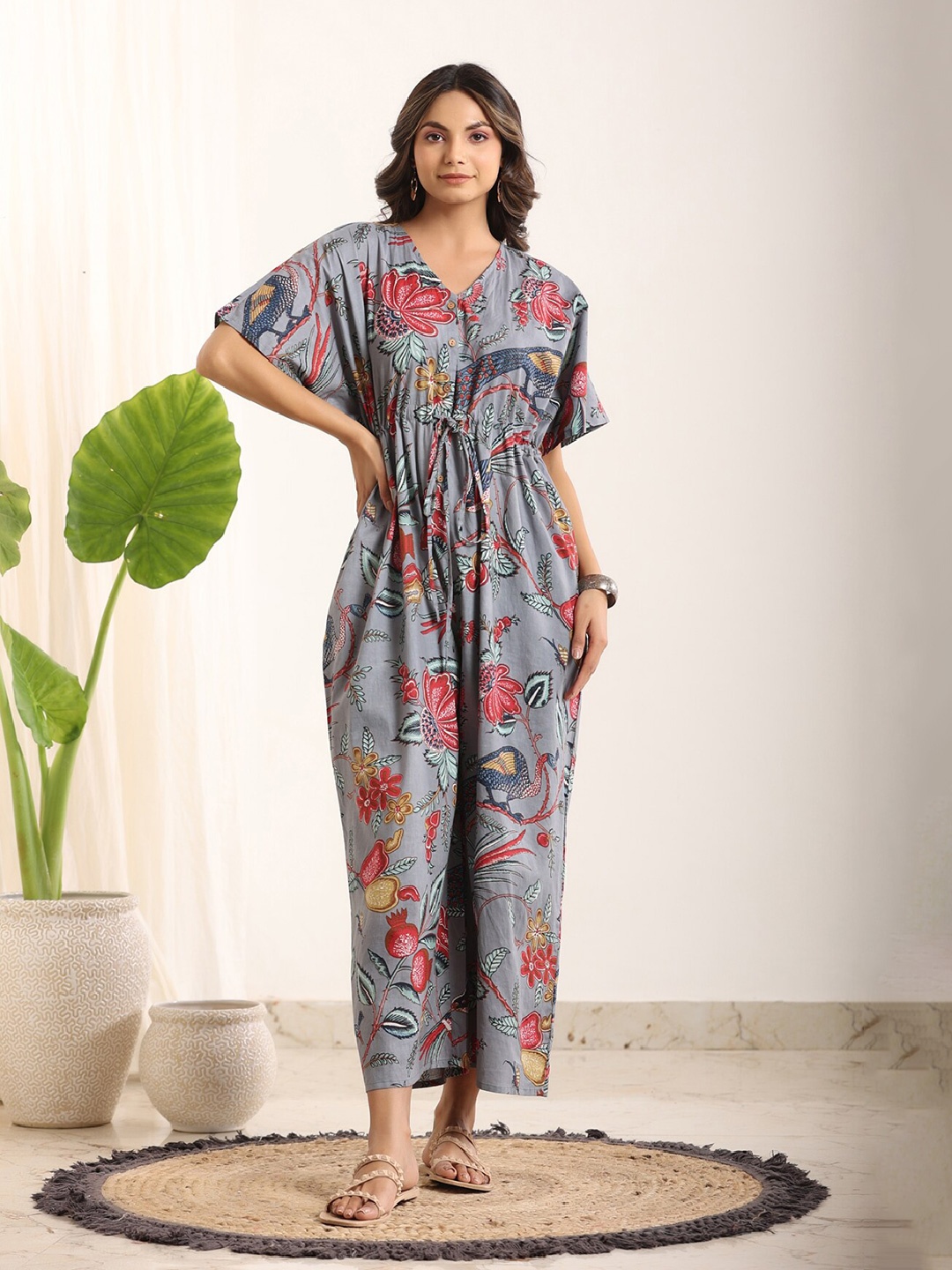 

SANSKRUTIHOMES Floral Printed Waist Tie-Ups Cotton Basic Jumpsuit, Grey