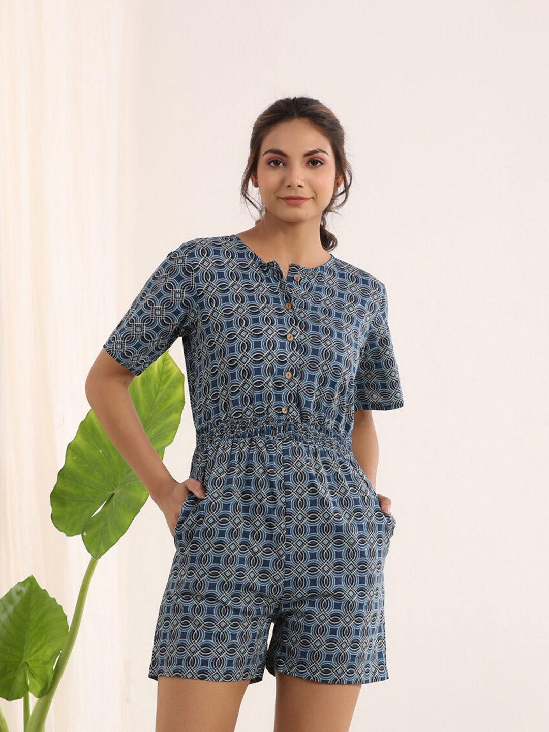 

SANSKRUTIHOMES Ethnic Motifs Printed Cotton Playsuit Jumpsuit, Blue