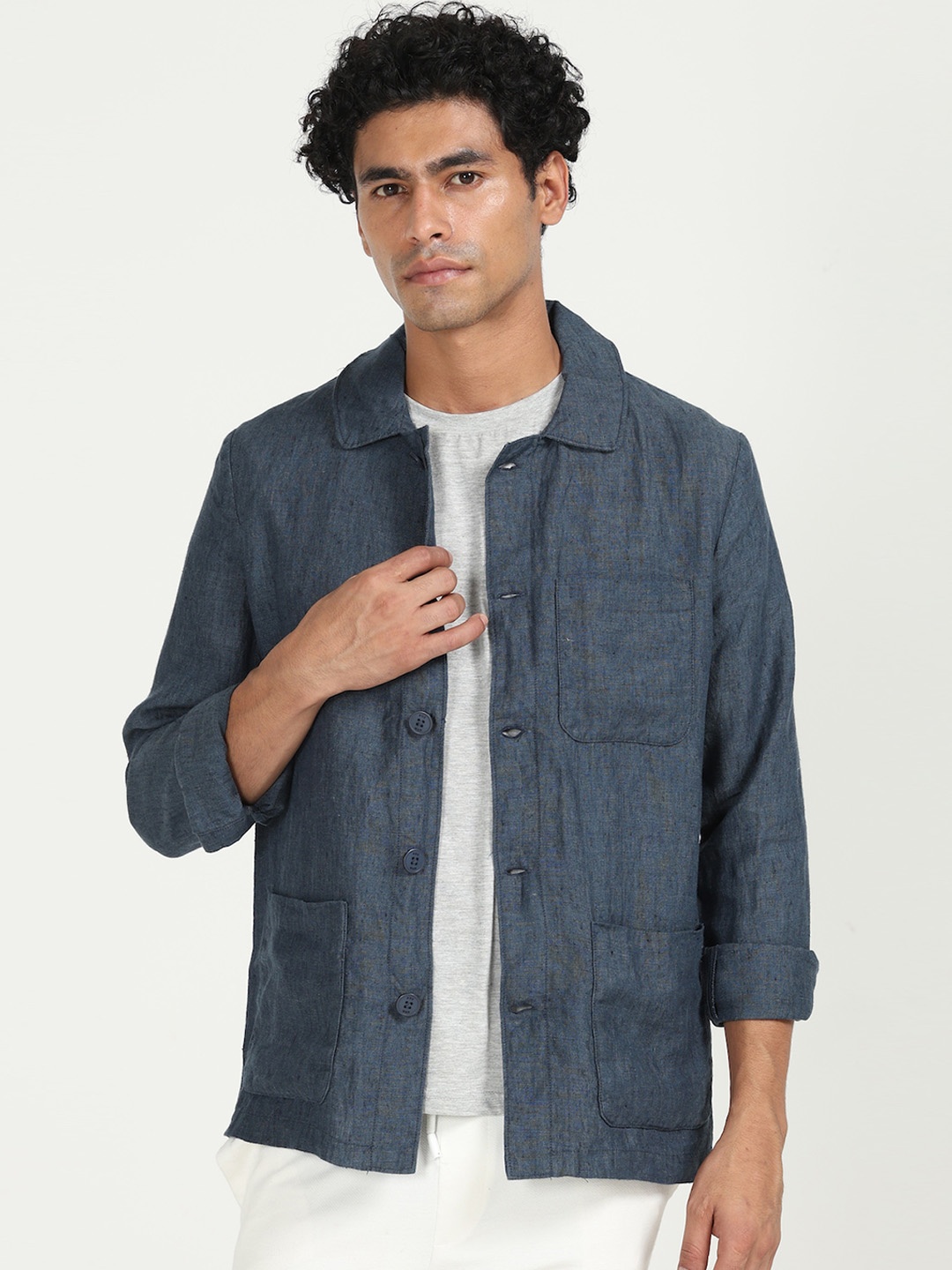 

POE Spread Collar Linen Shacket, Navy blue