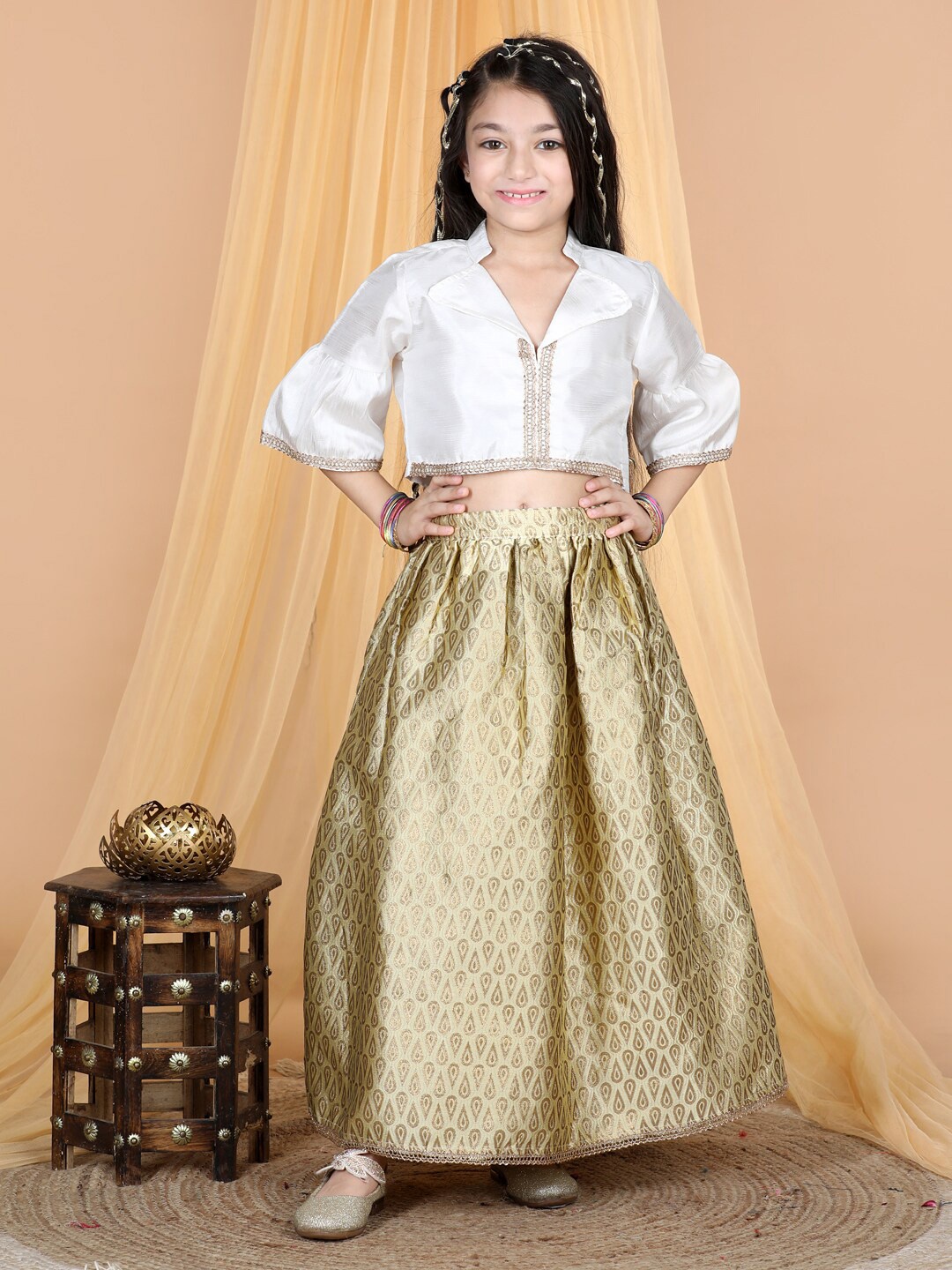 

Cutiekins Girls Mandarin Collar Ready to Wear Lehenga with Blouse, White