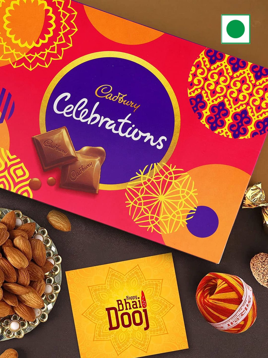 

TIED RIBBONS Chocolate Almonds With Greeting Card & Kalawa Roli Chawal Gifts, Yellow
