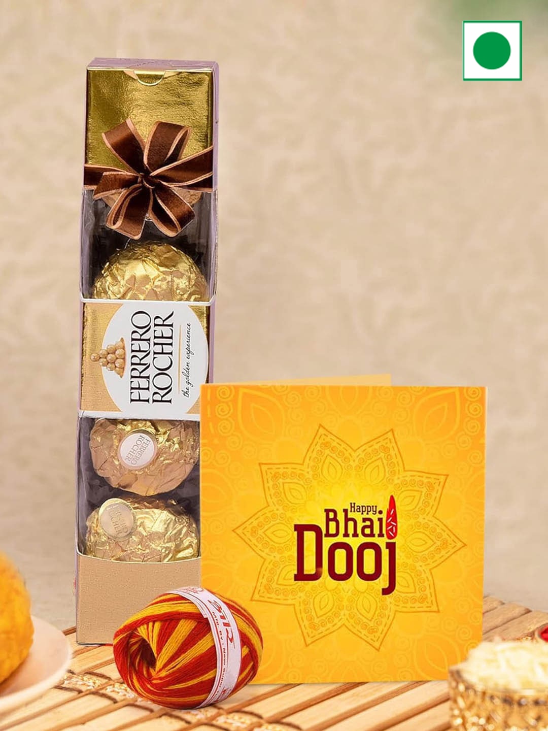 

TIED RIBBONS Chocolate With Greeting Card And Kalawa Roli Chawal Gifts, Yellow
