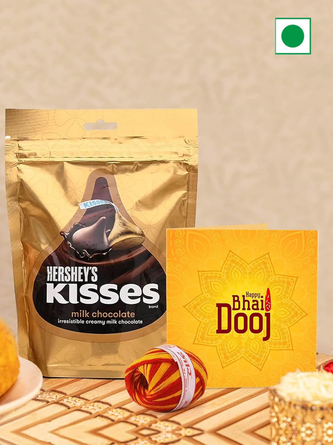 

TIED RIBBONS Hershey Kisses Chocolates Card Kalawa Roli Chawal, Yellow