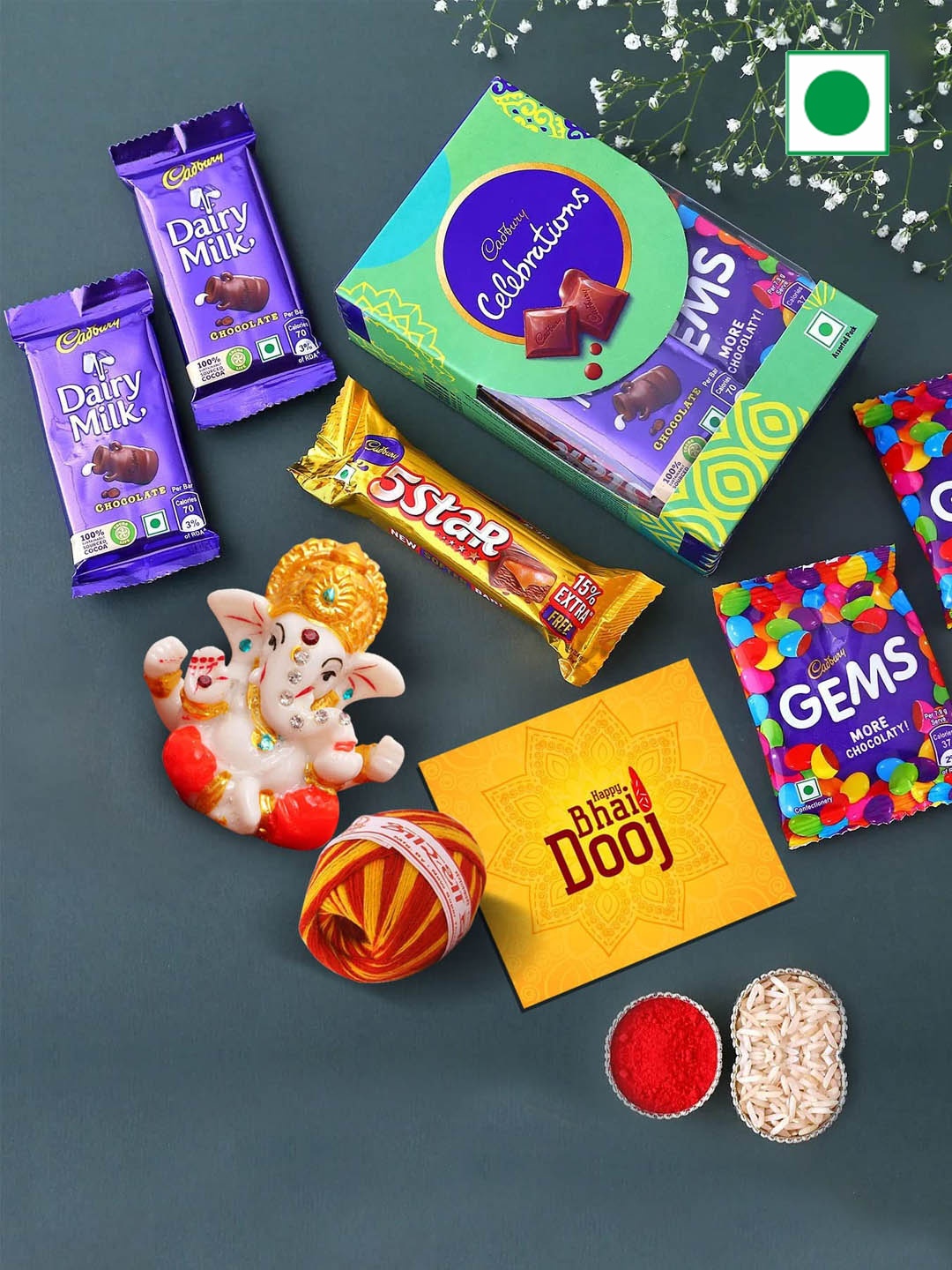 

TIED RIBBONS Bhai Dooj Gift with Chocolates Card Idol Kalawa Moli Roli Chawal, Blue