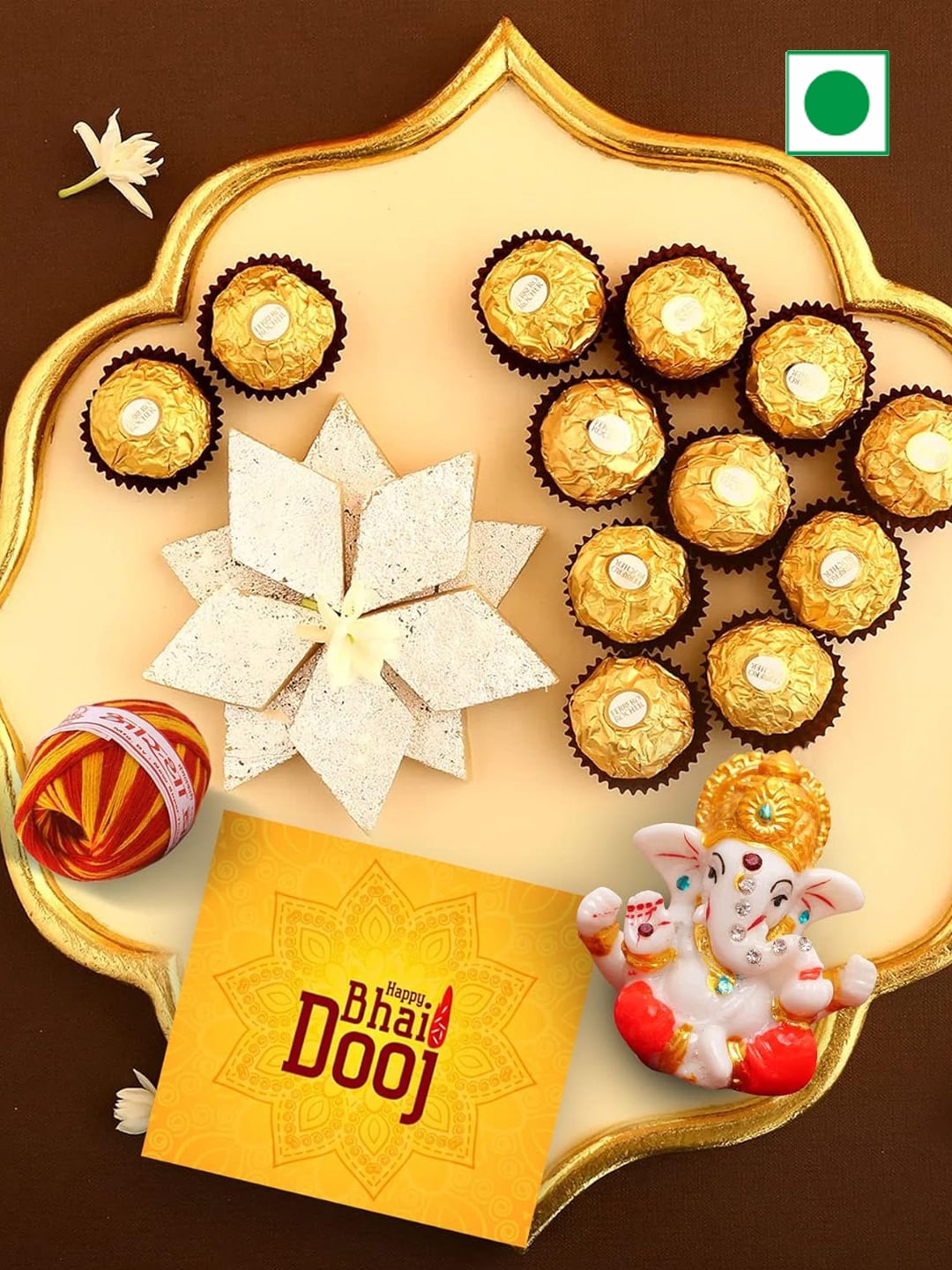 

TIED RIBBONS Bhai Dooj Gift with Sweets Amul Kaju Katli Chocolates & Ganesha Idol, Gold