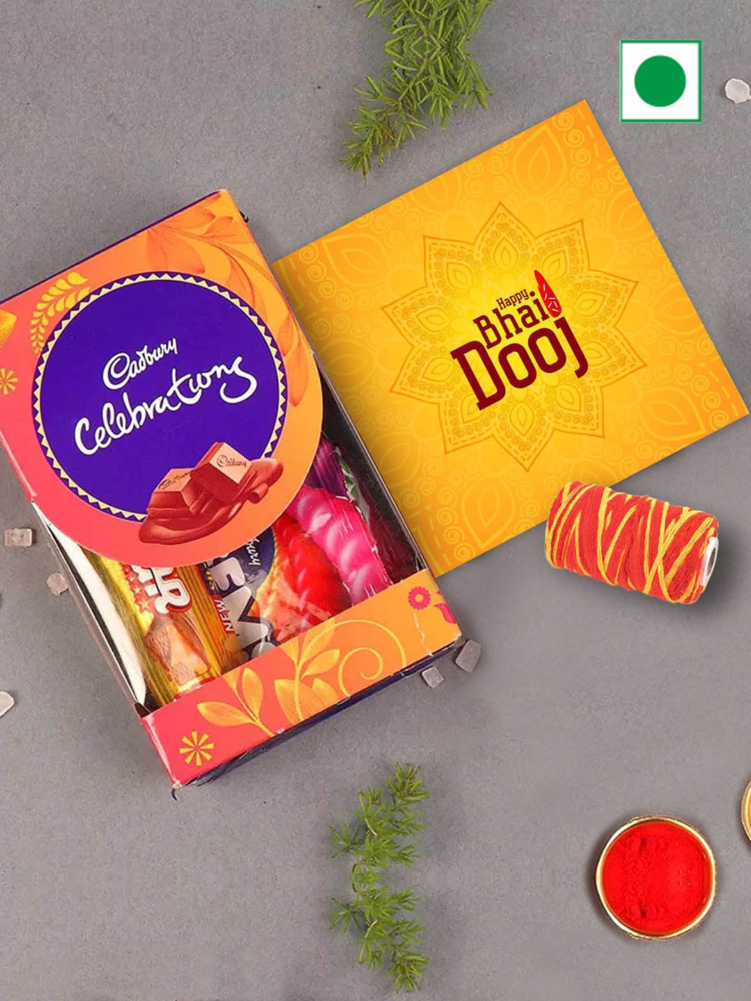 

TIED RIBBONS Chocolate With Greeting card & Kalawa Moli Roli Chawal, Yellow