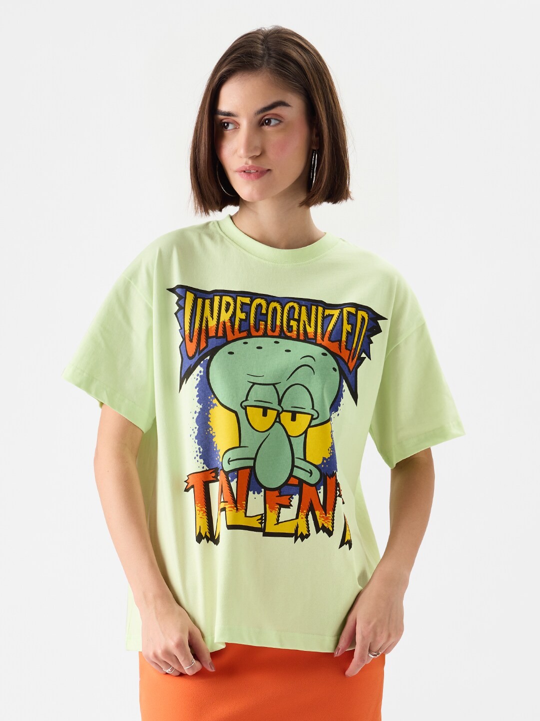 

The Souled Store Green Spongebob Printed Oversized Pure Cotton T-shirt