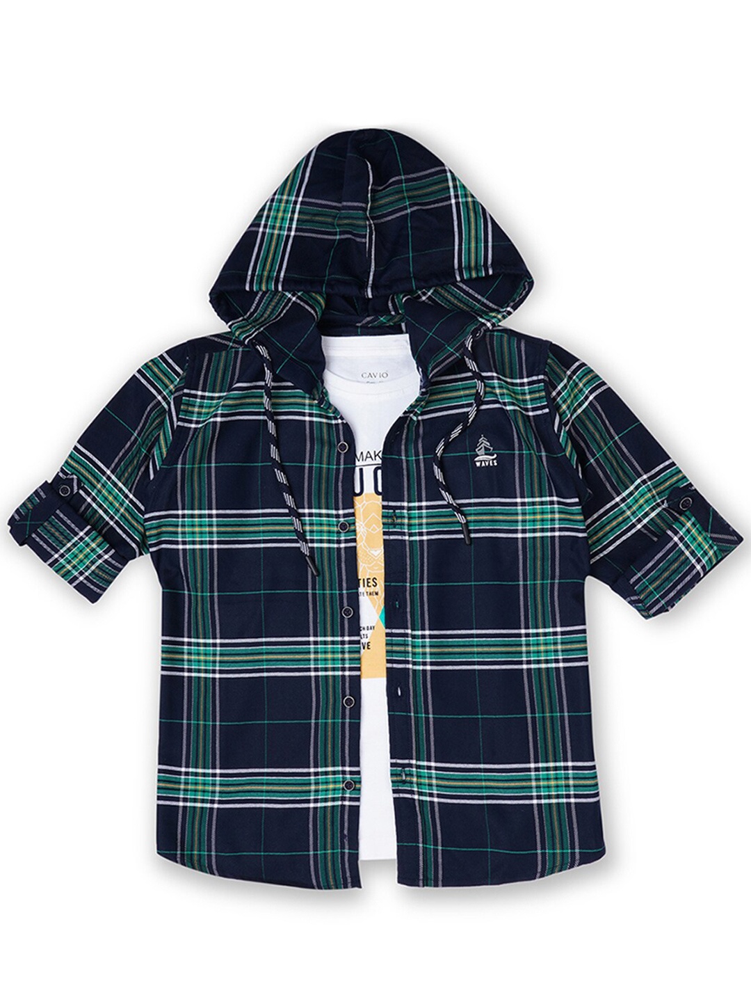 

CAVIO Boys Comfort Tartan Checks Roll-Up Sleeves Cotton Casual Shirt With T-Shirt, Navy blue
