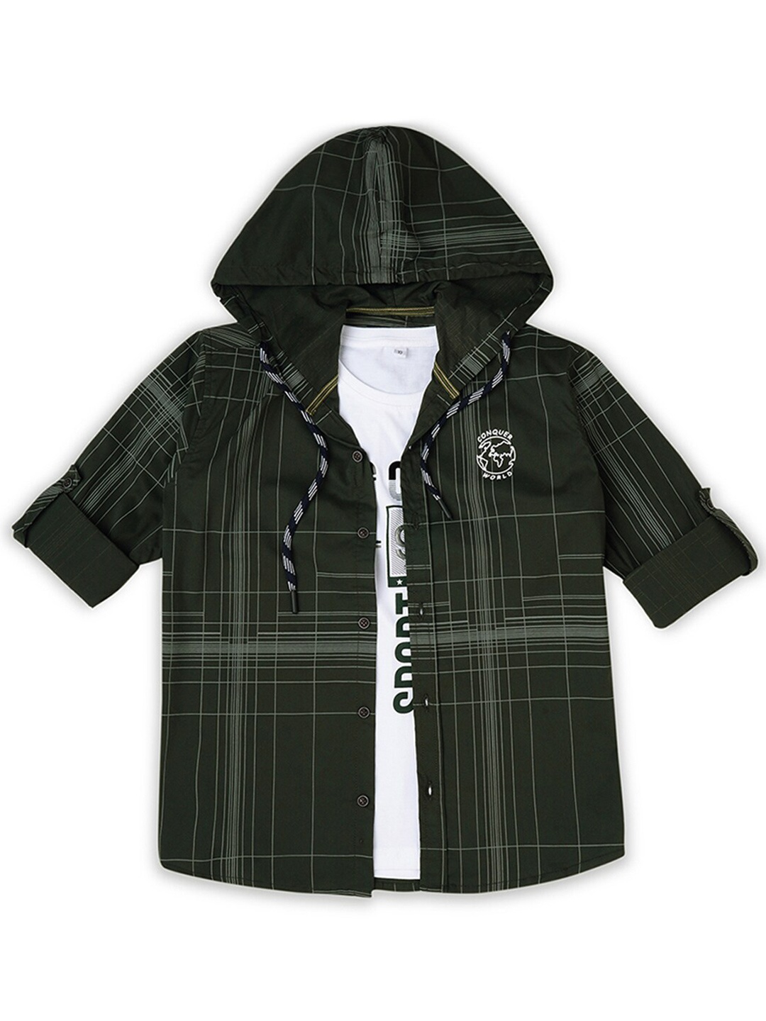 

CAVIO Boys Comfort Tartan Checks Roll-Up Sleeves Cotton Casual Shirt With T-Shirt, Green