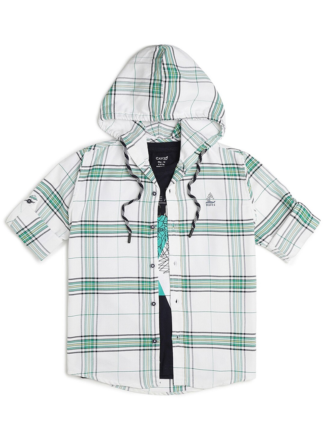 

CAVIO Boys Tartan Checked Cotton Hooded Comfort Opaque Casual Shirt With T-Shirt, White