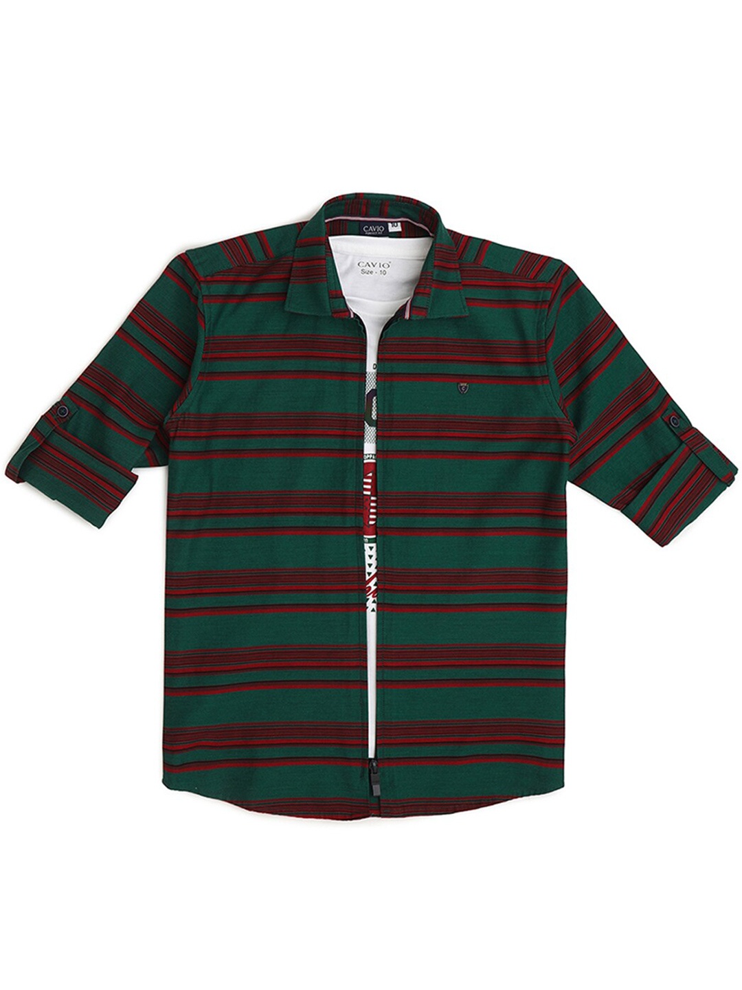 

CAVIO Boys Horizontal Striped Cotton Comfort Opaque Casual Shirt With T-Shirt, Green