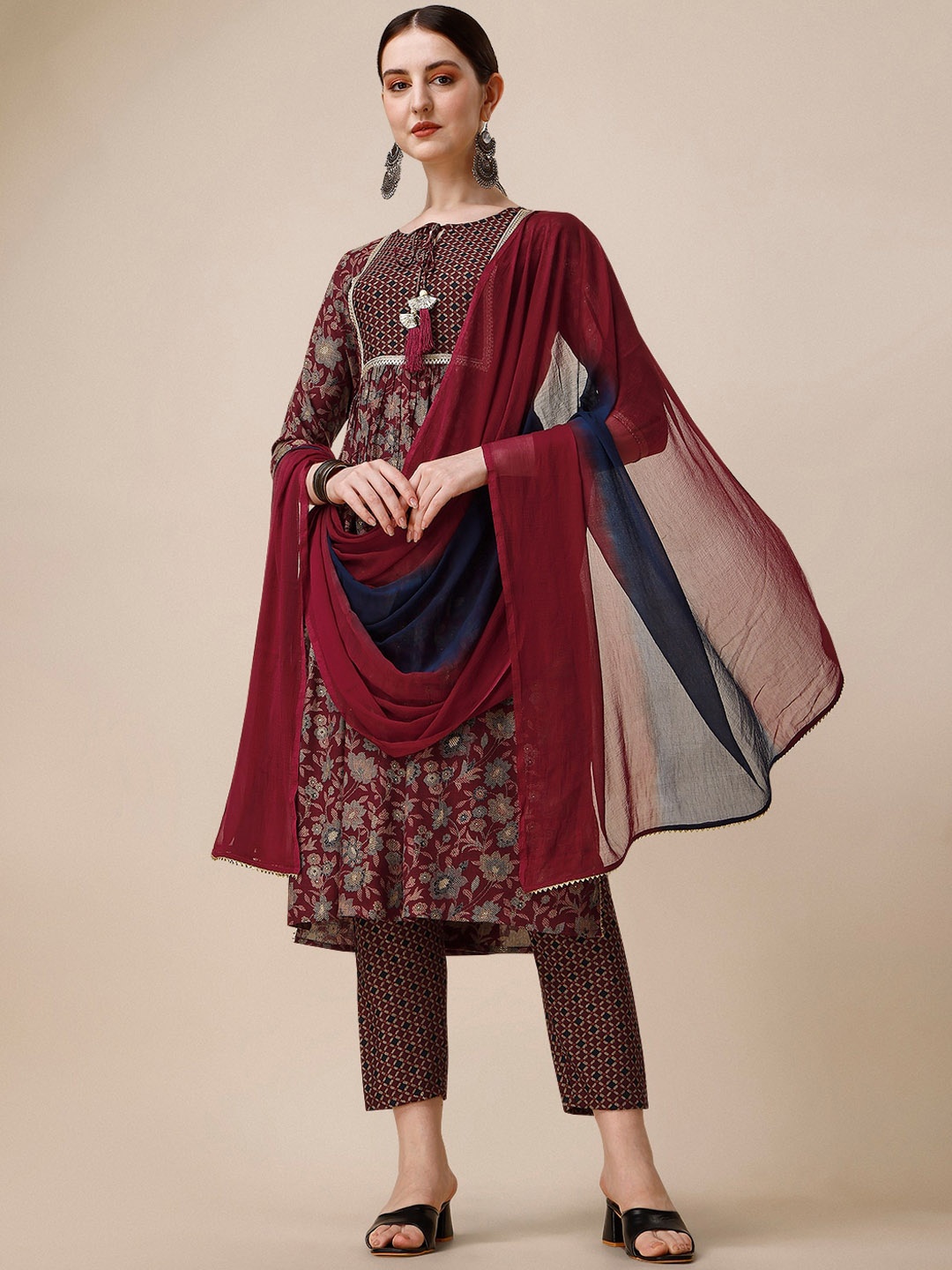 

KALINI Ethnic Motif Printed Gota Patti Pleated A-Line Kurta With Trousers & Dupatta, Maroon