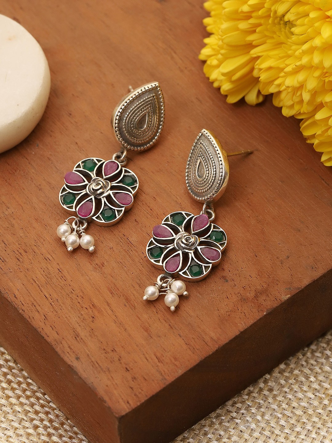 

Biba Silver Plated Silver Stone Studded Drop Earrings