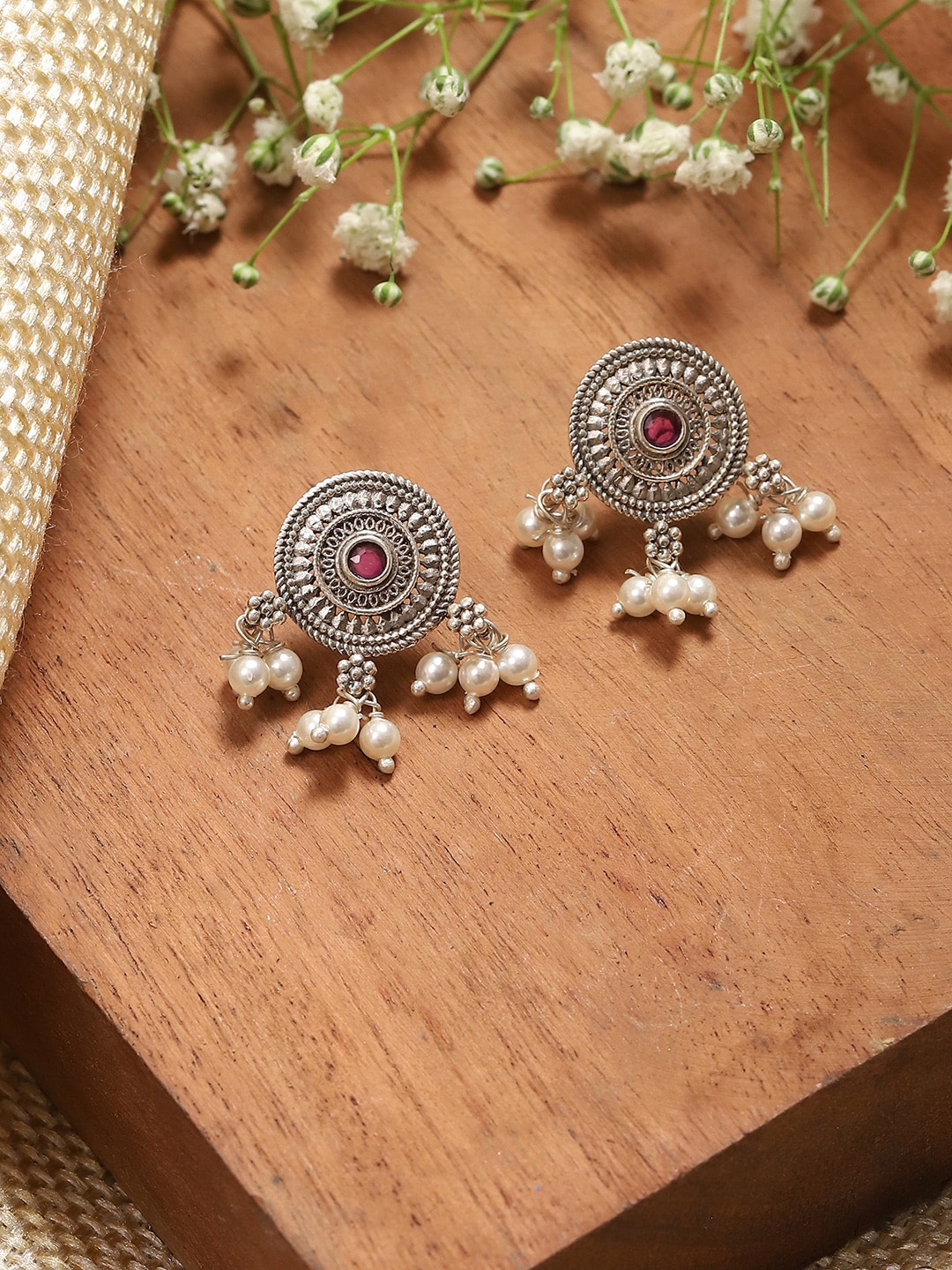 

Biba Silver Plated Stone Studded & Beaded Drop Earrings