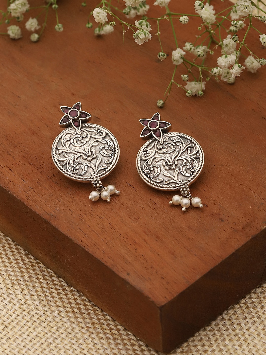 

Biba Silver Plated Contemporary Oxidised Drop Earrings, Pink