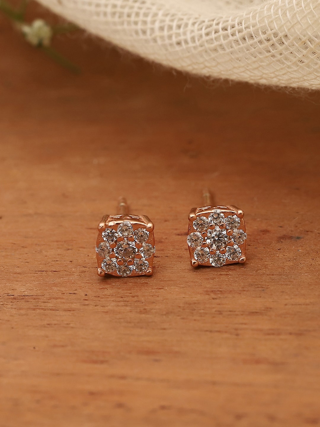 

Biba Rose Gold Plated Silver Cubic Zirconia Studded Studs Earrings