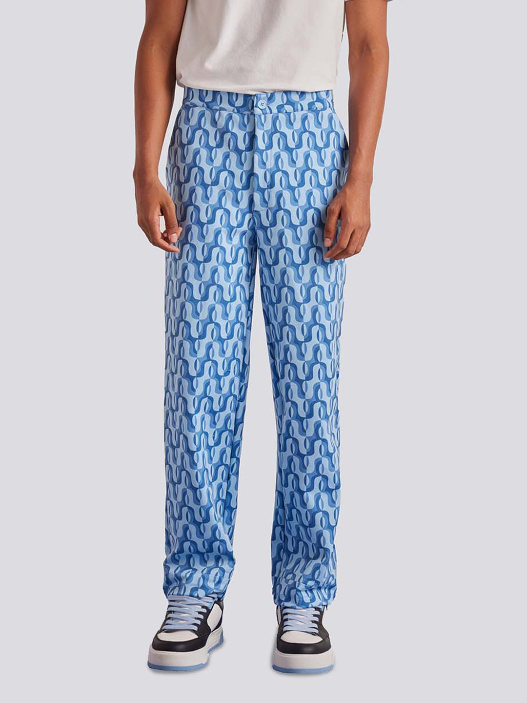

Muvazo Men Mid-Rise Geometric Printed Straight Fit Trousers, Blue