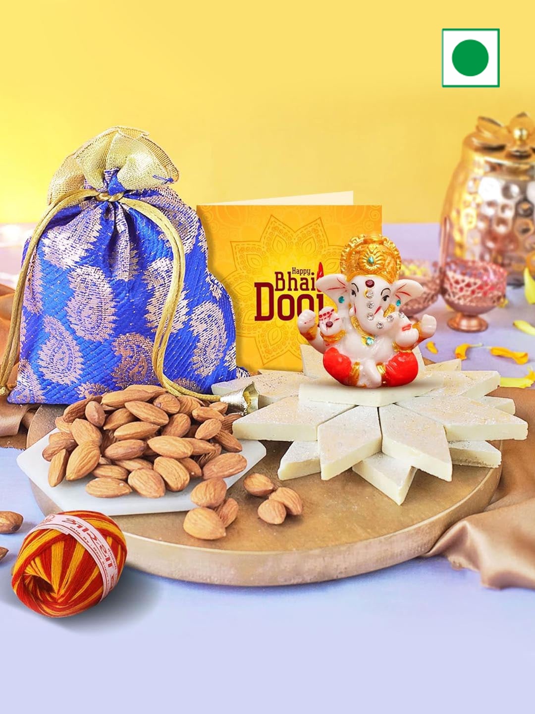 

TIED RIBBONS Bhai Dooj Gift With Sweets Amul Kaju Katli Almonds & Ganesh Idol, Yellow