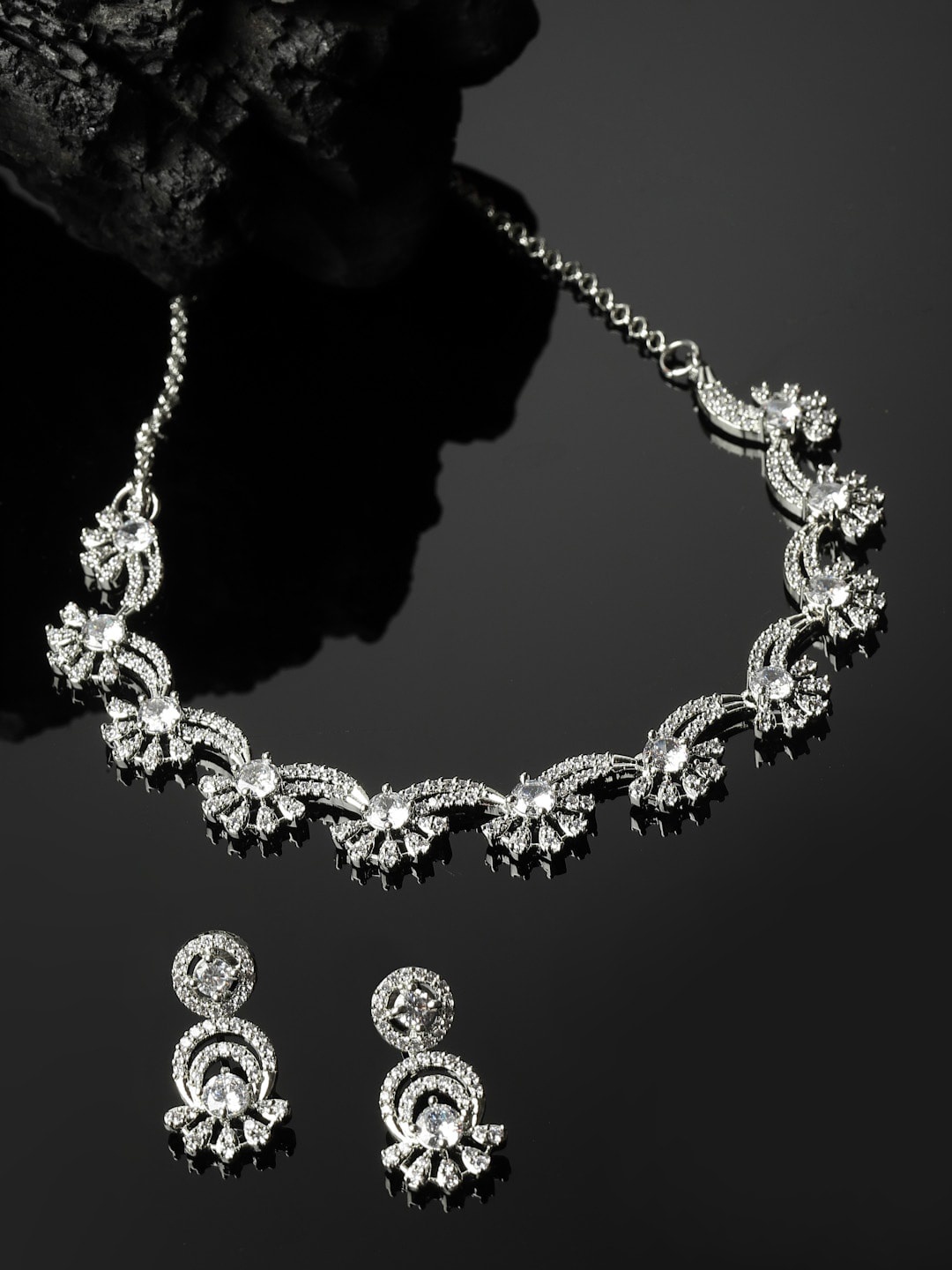 

PANASH Rhodium-Plated Stone & Diamond Studded Look Jewellery Set, Silver