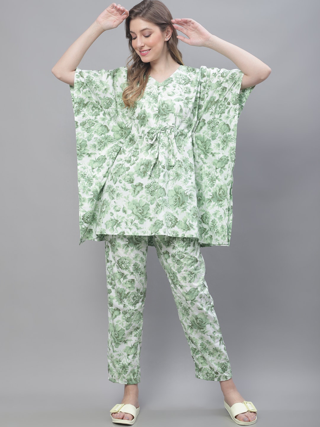 

TAG 7 Floral Printed Pure Cotton Kaftan Night suit, White